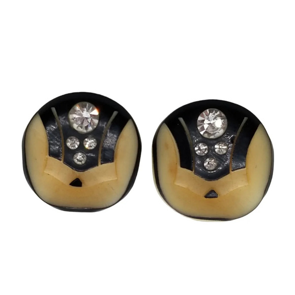 VINTAGE ART DECO STYLE BLACK & CREAM  CELLULOID CLIP ON EARRINGS - Picture 4 of 5